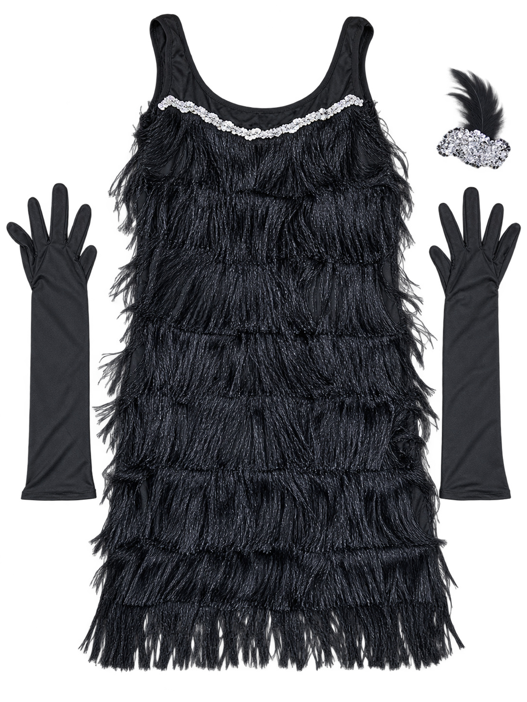Black fringe flapper dress and accessories, updated inventory photo